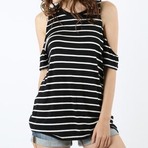 Zenana Outfitters Black & White Stripe Cold-Shoulder Tank